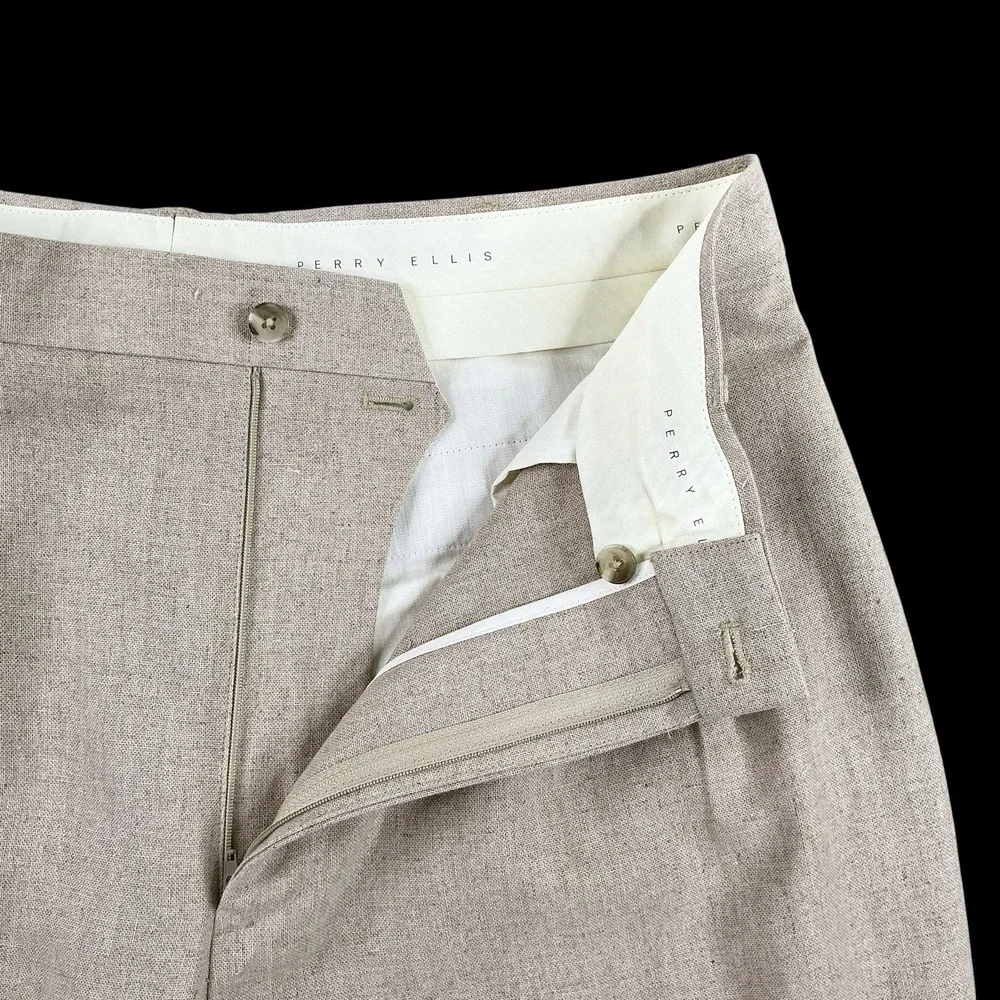 Perry Ellis Pants Men 36x32 (ACTUAL 35x31.5) Beige Linen Cuffed Pleated VTG NEW